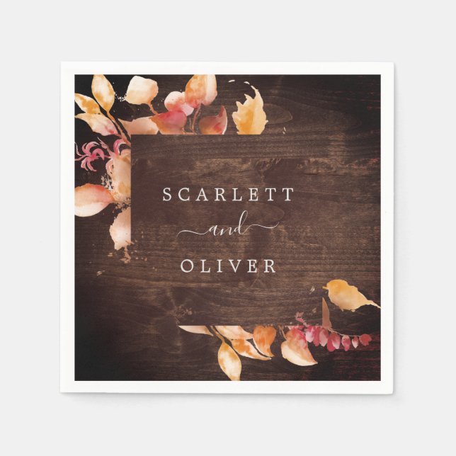 Fall Leaves | Rustic Brown Wood Wedding Napkin (Front)