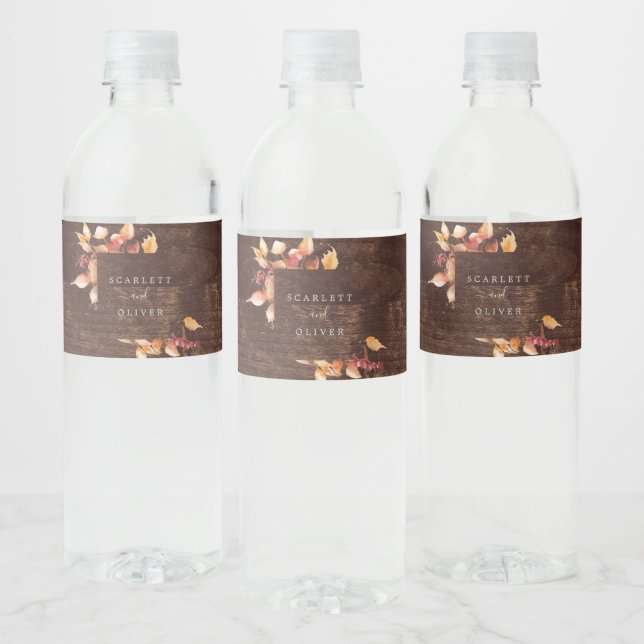Fall Leaves | Rustic Brown Wood Wedding Water Bottle Label (Bottles)