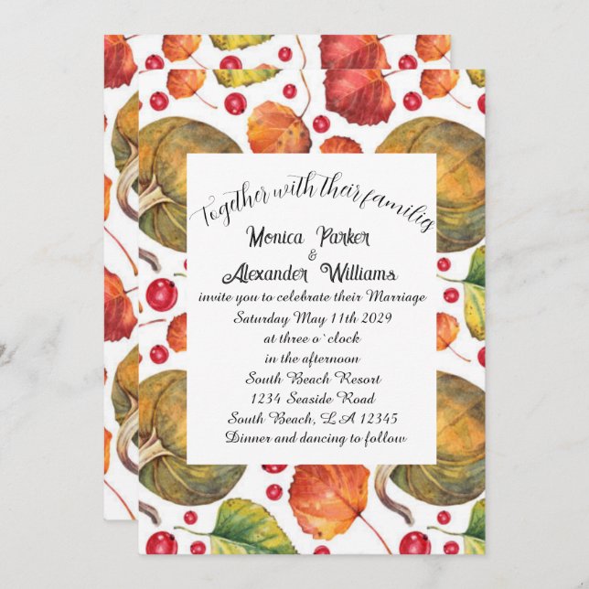 Fall Leaves Rustic Elegant Pumpkin Wedding  Invitation (Front/Back)