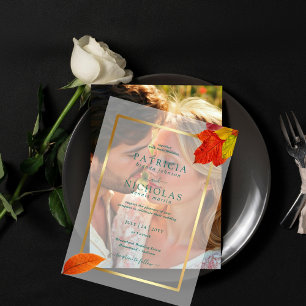 Fall Leaves Rustic Golden Frame  Autumn Wedding Vellum Invitations