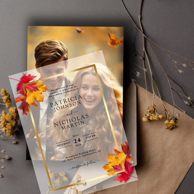 Fall Leaves Rustic Golden Frame Autumn Wedding Vellum Invitations (Creator Uploaded)