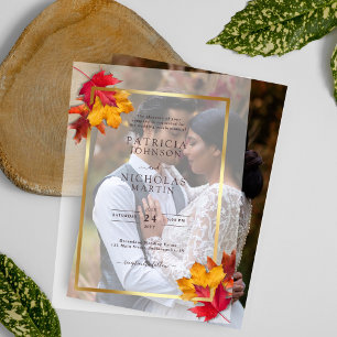 Fall Leaves Rustic Golden Frame Autumn Wedding Vellum Invitations