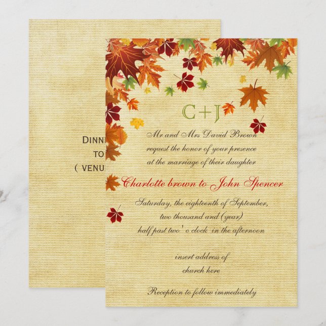 Fall Leaves Rustic Wedding Invitation (Front/Back)