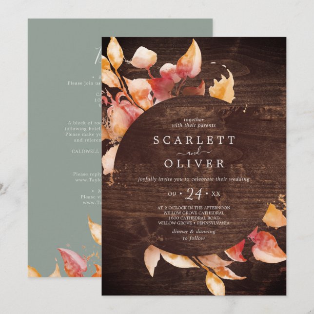 Fall Leaves | Rustic with Details on Back Wedding Invitation (Front/Back)