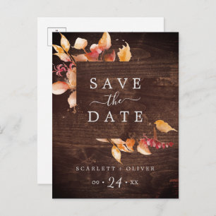 Fall Leaves Rustic Wood Save the Date Postcard