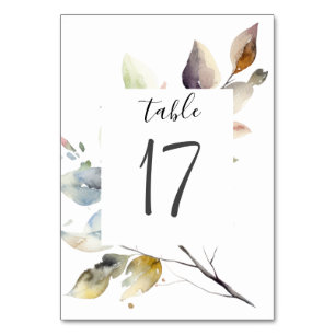 Fall Leaves Simple Botanical Watercolor Wedding Table Number