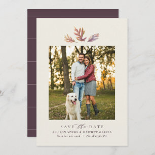 Fall leaves simple one photo elegant autumn plum save the date