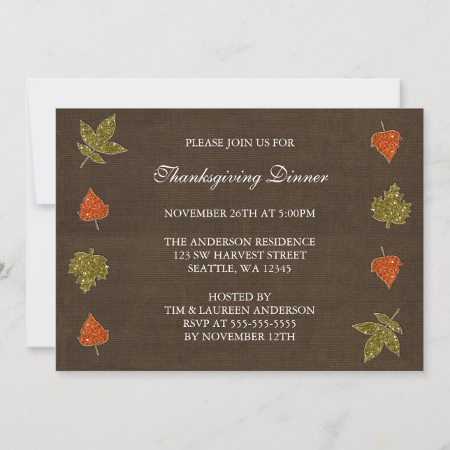 Fall Leaves Sparkle Thanksgiving Party Invitations (Front)