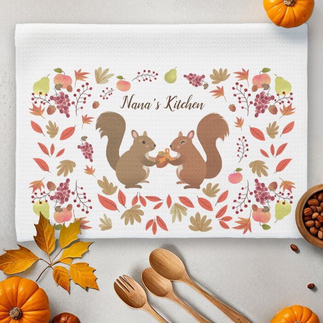 Fall Leaves Squirrels Personalise  Tea Towel (Creator Uploaded)