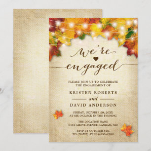 Fall Leaves String Lights Burlap Engagement Party Invitation