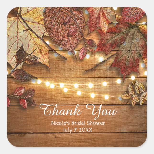 Fall Leaves & String Lights on Rustic Wood Favour Square Sticker (Front)