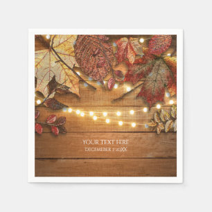Fall Leaves & String Lights on Rustic Wood Napkin
