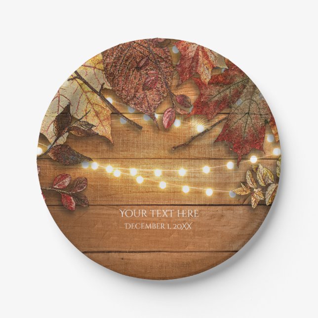 Fall Leaves & String Lights on Rustic Wood Paper Plate (Front)