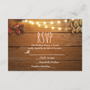 Fall Leaves & String Lights on Rustic Wood RSVP Card