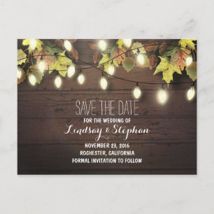 fall leaves & string lights save the date postcard