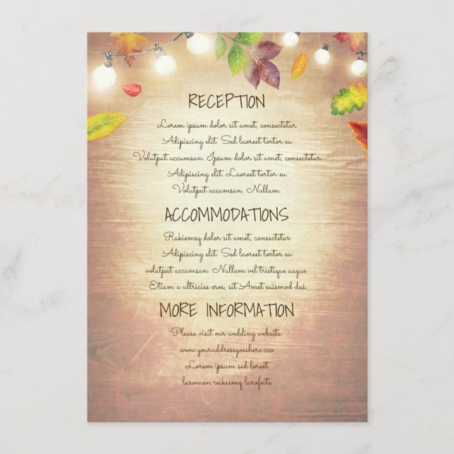 Fall Leaves String Lights Wedding Information Enclosure Card (Front)