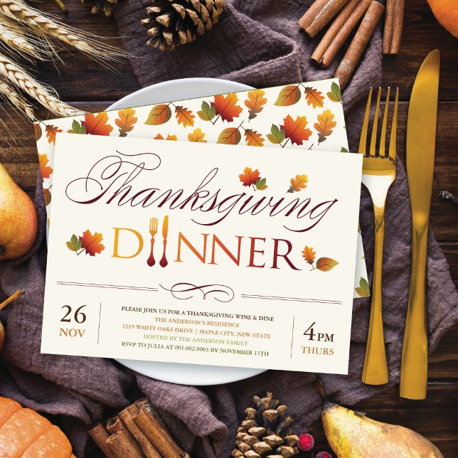 Fall Leaves Thanksgiving Dinner Wine & Dine Party Invitation (Creator Uploaded)