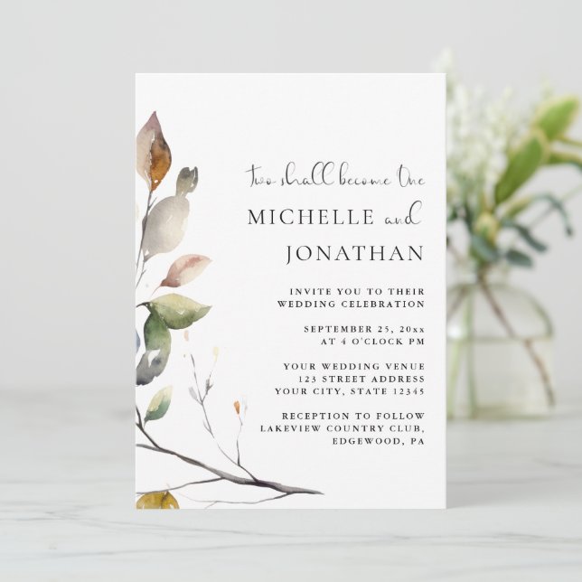 Fall Leaves Two Become One Christian Bible Wedding Invitation (Standing Front)