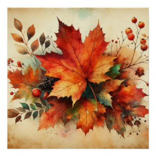 Fall leaves vintage watercolor autumn colours poster