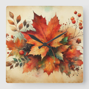 Fall leaves vintage watercolor autumn colours  square wall clock