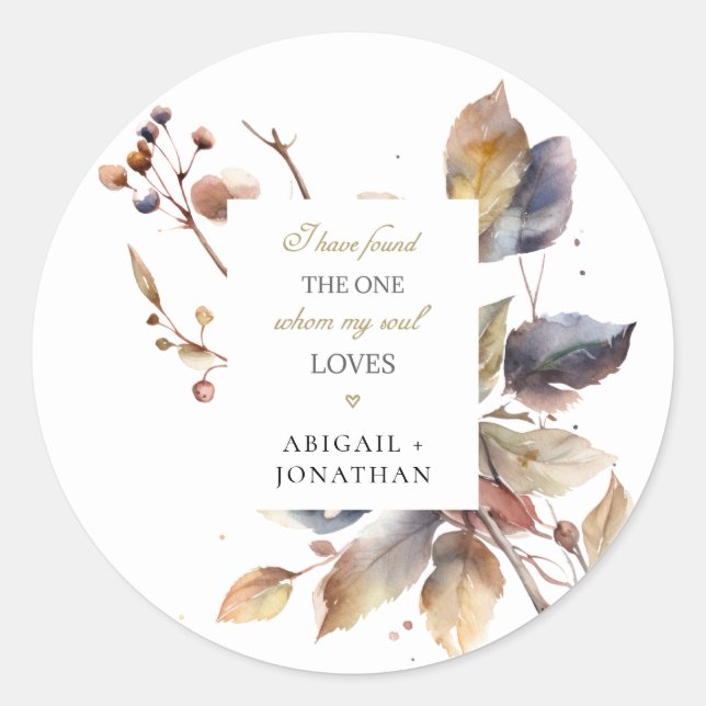 Fall Leaves Watercolor Christian Bible Wedding Classic Round Sticker (Front)