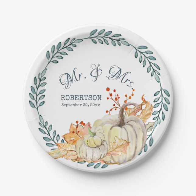 Fall Leaves Watercolor Pumpkin Rustic Barn Wedding Paper Plate (Front)