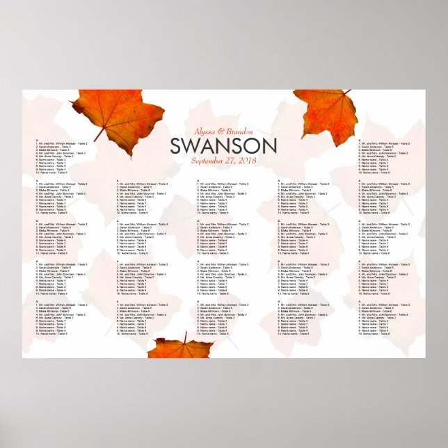 Fall Leaves Wedding Reception Seating Chart (Front)