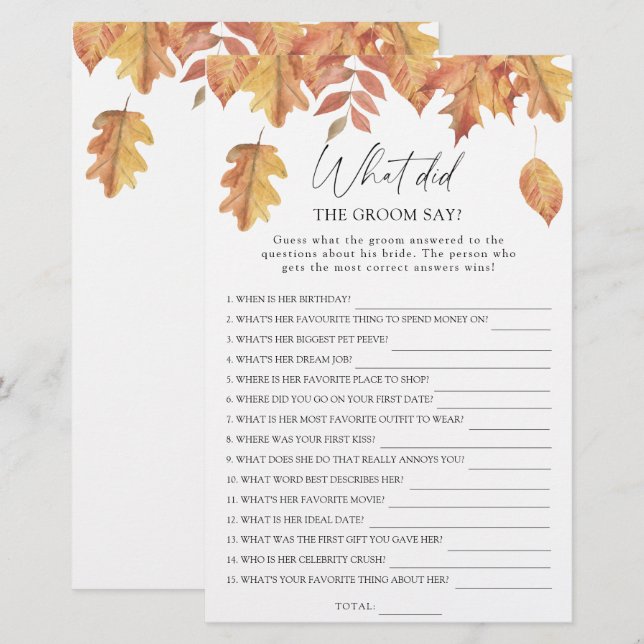 Fall leaves - What did the groom say bridal game (Front/Back)