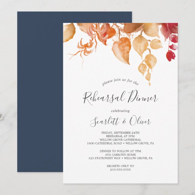 Fall Leaves | White and Burgundy Rehearsal Dinner Invitation (Front/Back)
