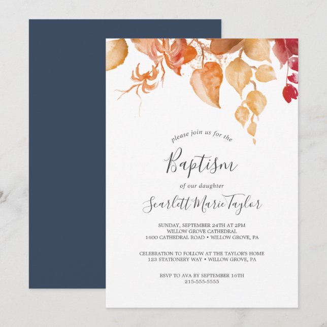 Fall Leaves | White & Burgundy Baptism Invitation (Front/Back)