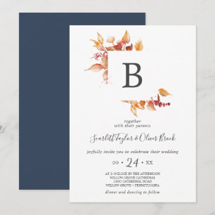 Fall Leaves White & Burgundy Monogram Wedding Invitation