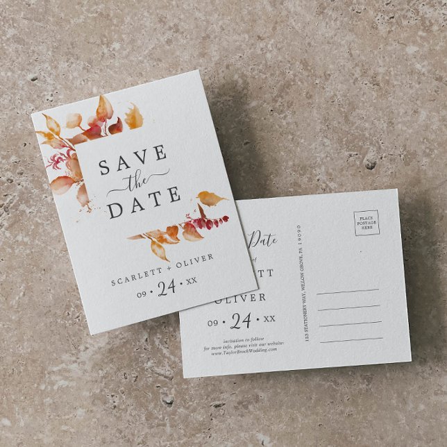 Fall Leaves | White & Burgundy Save the Date Invitation Postcard (Creator Uploaded)