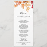 Fall Leaves | White & Burgundy Wedding Menu<br><div class="desc">This fall leaves white and burgundy wedding menu card is perfect for an October wedding. The rustic design features stunning hand painted watercolor autumn leaves in sunset shades of yellow,  burnt orange,  and burgundy red. This menu can be used for a wedding reception,  rehearsal dinner,  or any event.</div>