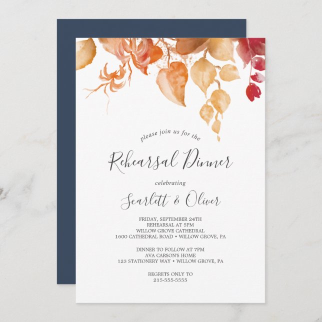 Fall Leaves White with Directions Rehearsal Dinner Invitation (Front/Back)