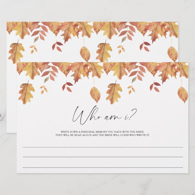 Fall leaves - Who am I bridal shower game Stationery (Front/Back)