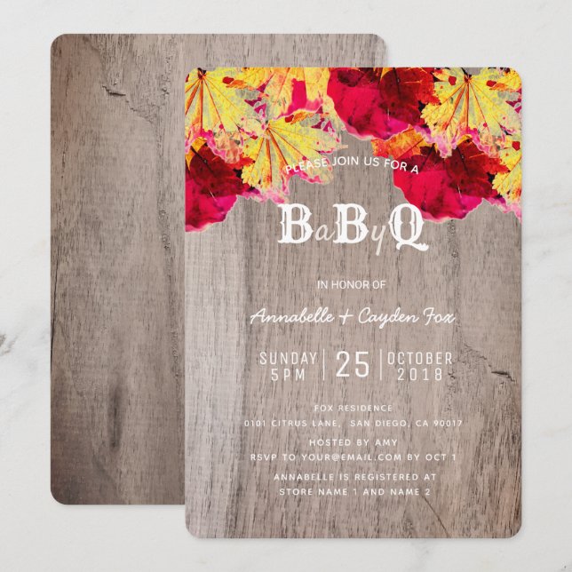 Fall Leaves Wood BaByQ BBQ Baby Shower Invitation (Front/Back)
