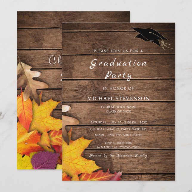 Fall Leaves Wooden Graduation Invitation Example (Front/Back)