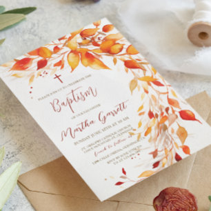 Fall Leaves Yellow and Red Girl Baptism  Invitation