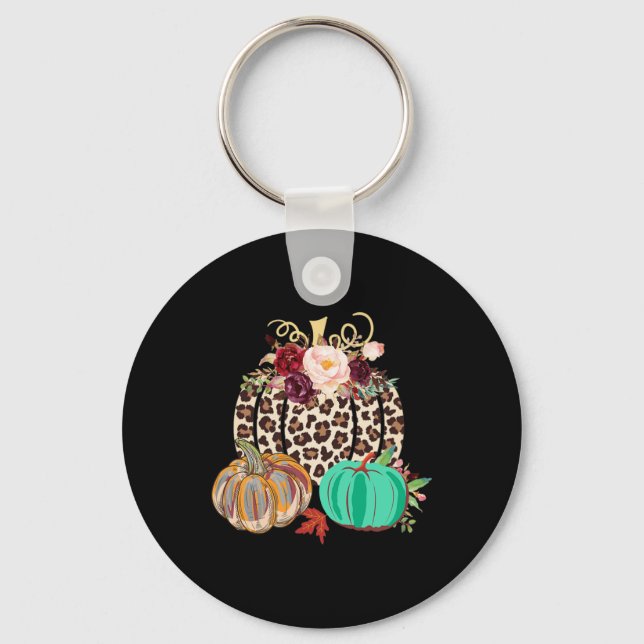 Fall Leopard Cheetah Pumpkin Rustic Halloween Than Key Ring (Front)