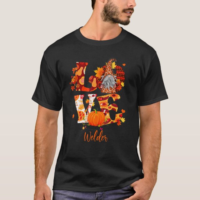 Fall Leopard LOVE Gnome Welder Thanksgiving T-Shirt (Front)