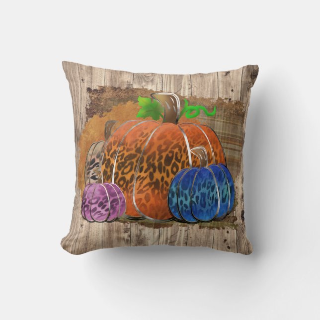 Fall Leopard Print Autumn Pumpkins On Plaid  Cushion (Front)