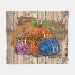 Fall Leopard Print Autumn Pumpkins On Plaid Fleece Blanket