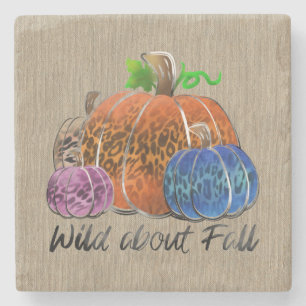 Fall Leopard Print Autumn Pumpkins On Plaid  Stone Coaster