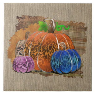 Fall Leopard Print Autumn Pumpkins On Plaid Tile