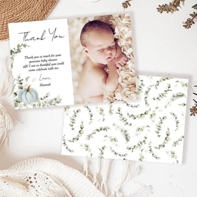 Fall Little Blue Pumpkin Baby Shower Photo Thank You Card (Creator Uploaded)