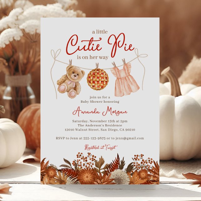 Fall Little Cutie Pie Teddy Bear Girl Baby Shower Invitation (Creator Uploaded)