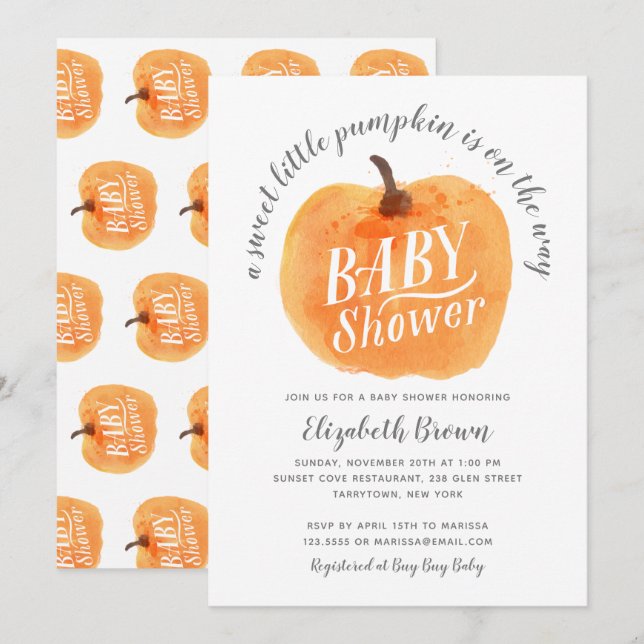 Fall Little Pumpkin Autumn Watercolor Baby Shower Invitation (Front/Back)