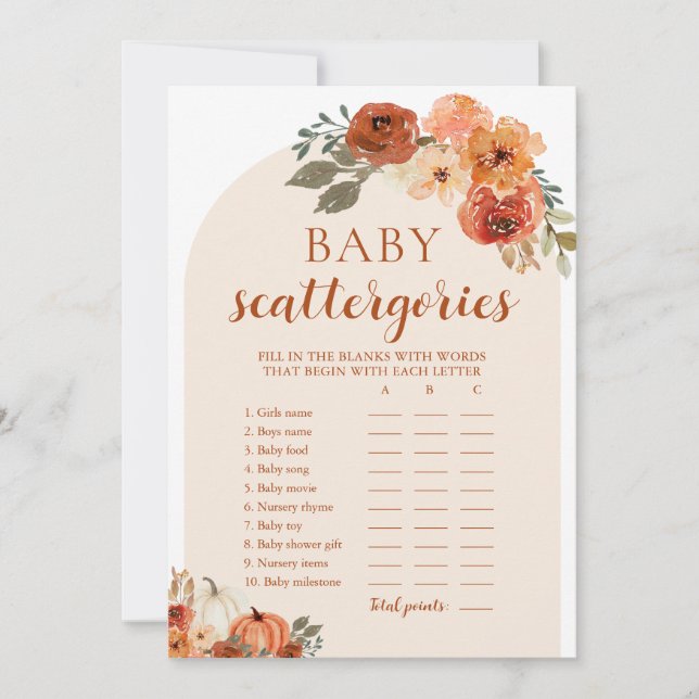 Fall Little Pumpkin Baby Shower Scattegories Game Invitation (Front)