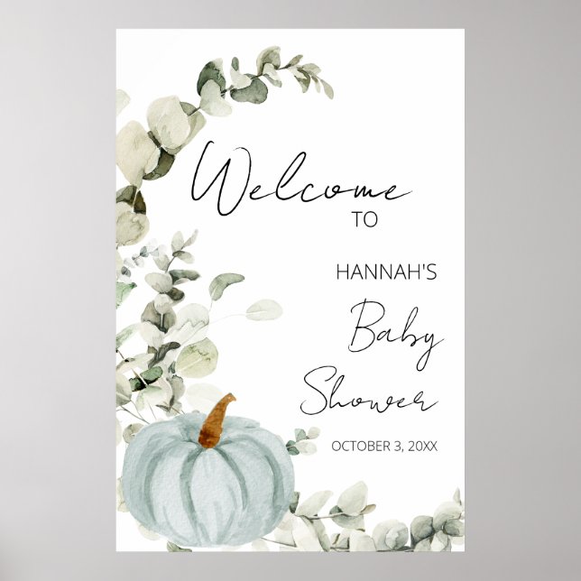 Fall Little Pumpkin Blue Baby Shower Welcome Poster (Front)