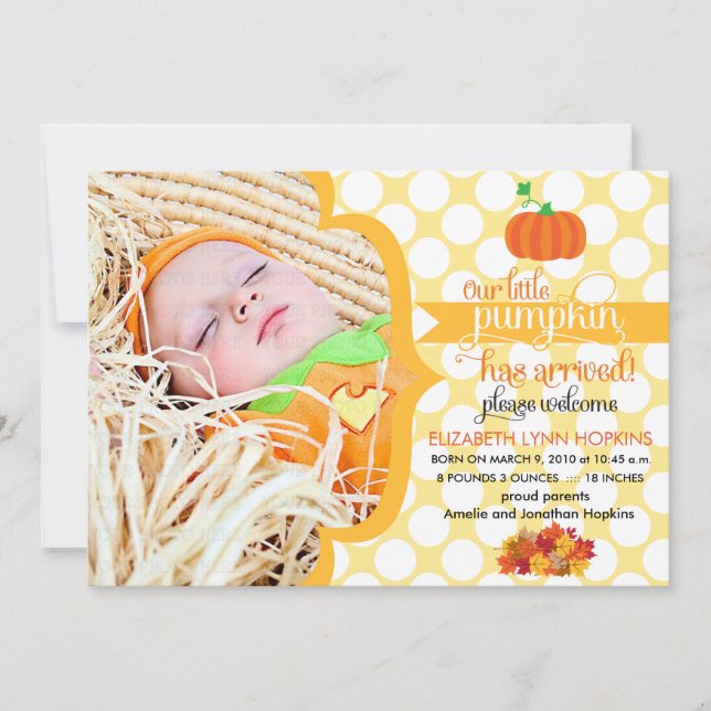 Fall Little Pumpkin Photo Birth Announcement (Front)